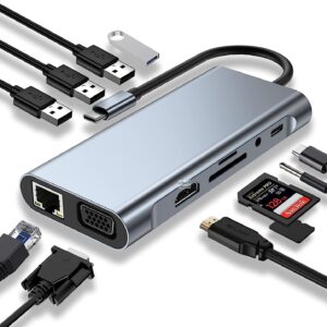 مبدل و هاب تایپ سی 11 کاره  4K HDMI, VGA, Type C PD, USB3.0, RJ45 Ethernet, SD/TF Card Reader, 3.5mm AUX